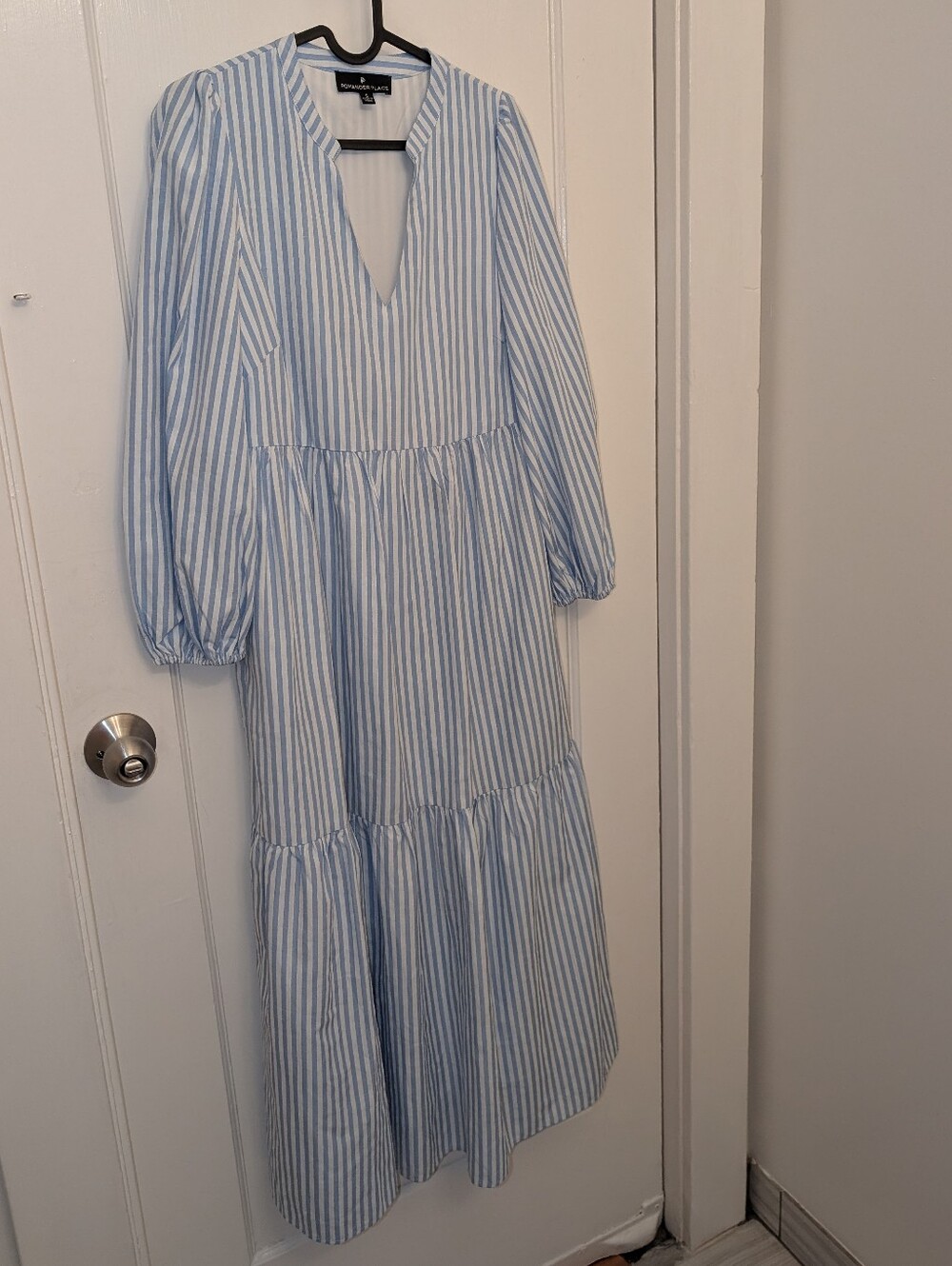 Pomander Place Tuckernuck Alora Maxi Dress Size S Puff Long Sleeve Striped Blue